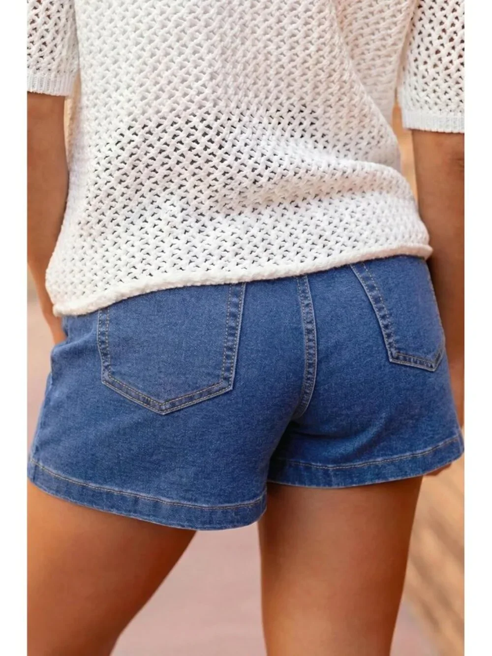 Women's Sail Blue High Waisted Stretchy Shorts Double Button Denim Jean Shorts